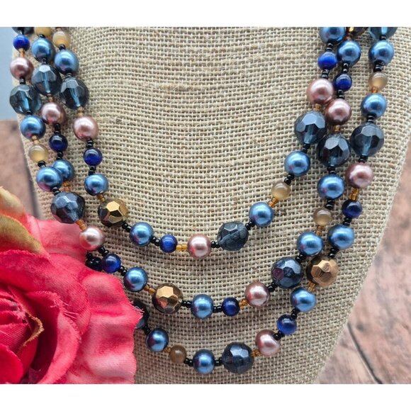 Pretty Esmor Multi Strand Glass Bead Necklace Jewel Tones Blue Gold 22" - Picture 5 of 10